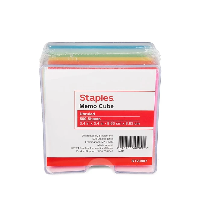 Staples Memo Cube Memo Pad, 3.4" X 3.4", Unruled, Assorted Colors, 500 Sheets/Pad (23887) 3 Staples Memo Cube Memo Pad, 3.4" X 3.4", Unruled, Assorted Colors, 500 Sheets/Pad (23887)