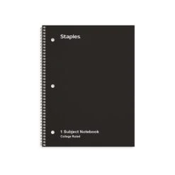 Staples 1-Subject Notebook, 8" X 10.5", College Ruled, 70 Sheets, Black, 6/Pack (TR58374)