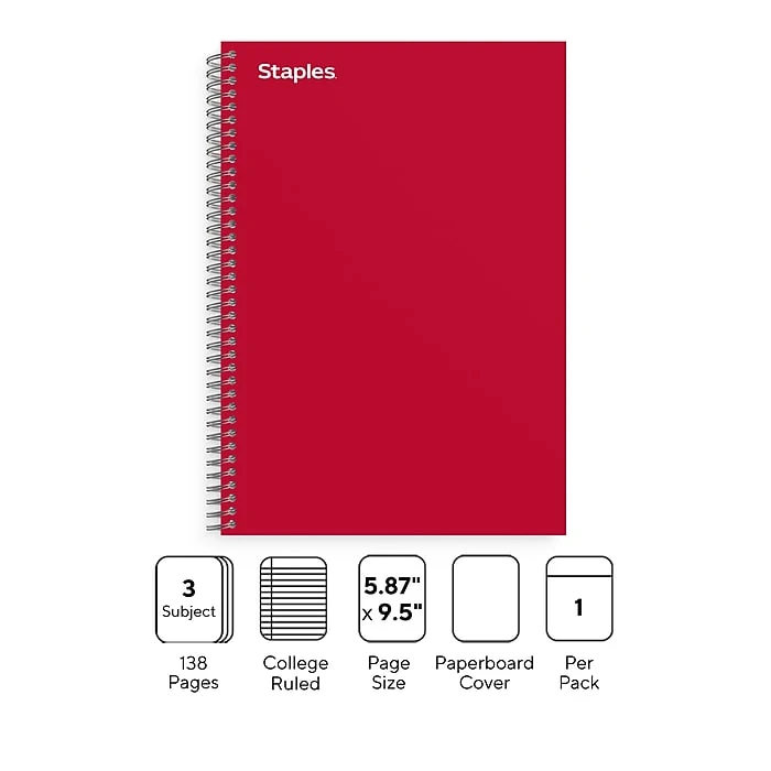 Staples Premium 3-Subject Notebook, 5.88" X 9.5", College Ruled, 138 Sheets, Red (TR58353) 4 Staples Premium 3-Subject Notebook, 5.88" X 9.5", College Ruled, 138 Sheets, Red (TR58353) - Image 2