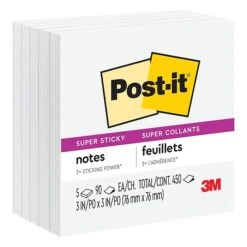 Post-it® Super Sticky Notes, 3" X 3", White, 90 Sheets/Pad, 5 Pads/Pack (654-5SSW)
