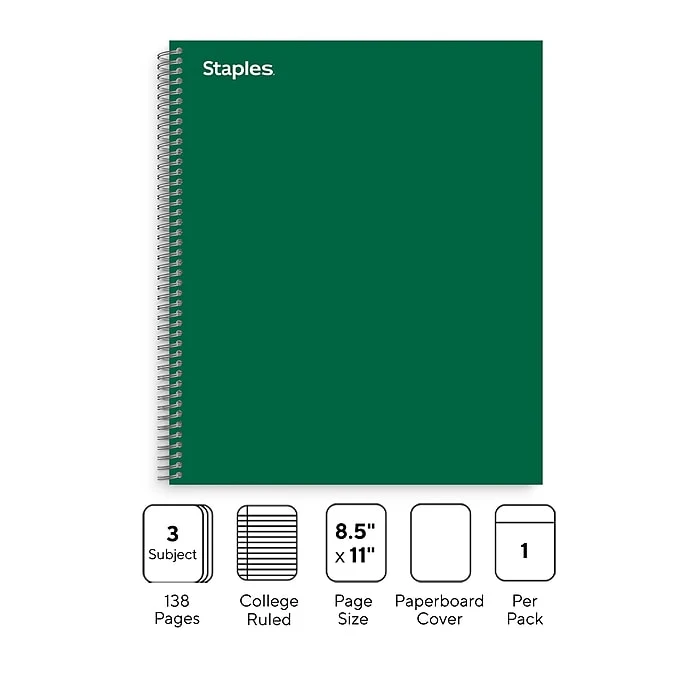 Staples Premium 3-Subject Notebook, 8.5" X 11", College Ruled, 138 Sheets, Green (TR58362) 4 Staples Premium 3-Subject Notebook, 8.5" X 11", College Ruled, 138 Sheets, Green (TR58362) - Image 2