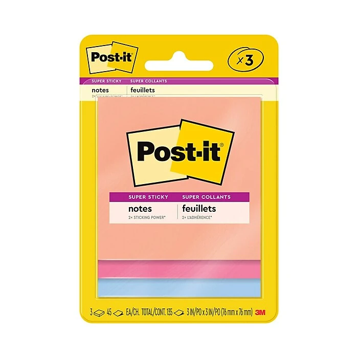 Post-it® Super Sticky Notes, 3" X 3", Summer Joy Collection, 45 Sheets/Pad, 3 Pads/Pack (3321-SSJOY) 3 Post-it® Super Sticky Notes, 3" X 3", Summer Joy Collection, 45 Sheets/Pad, 3 Pads/Pack (3321-SSJOY)