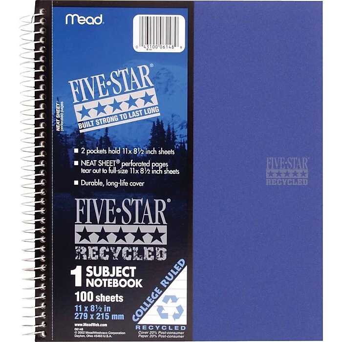 Five Star Recycled 1-Subject Notebook, 8 1/2" X 11", College Ruled, 100 Sheets, Assorted Colors (06148) 4 Five Star Recycled 1-Subject Notebook, 8 1/2" X 11", College Ruled, 100 Sheets, Assorted Colors (06148) - Image 2