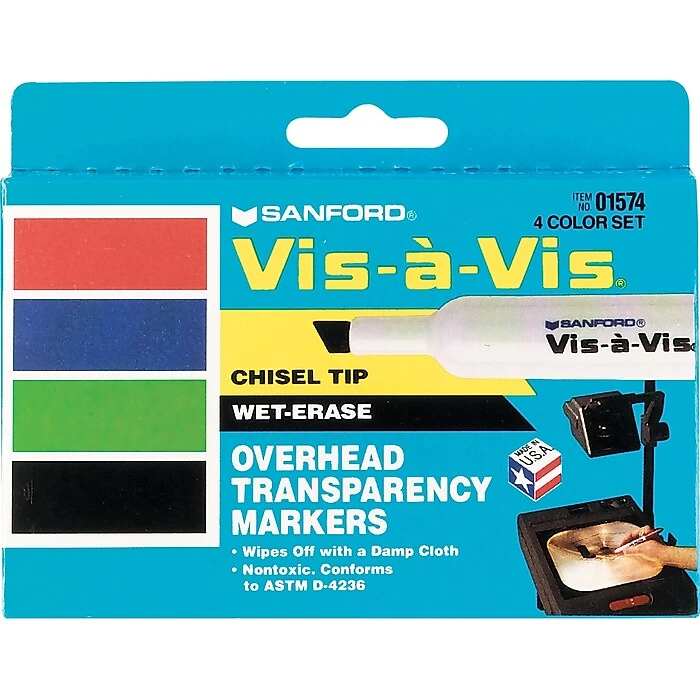 Expo Vis-a-Vis Wet Erase Markers, Chisel Tip, Assorted, 4/pk (1574) 4 Expo Vis-a-Vis Wet Erase Markers, Chisel Tip, Assorted, 4/pk (1574) - Image 2