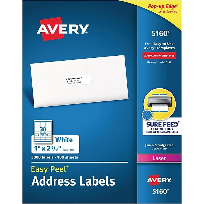 Avery Easy Peel Laser Address Labels, 1" X 2-5/8", White, 30 Labels/Sheet, 25 Sheets/Pack, 750 Labels/Pack (5260) 13 Avery Easy Peel Laser Address Labels, 1" X 2-5/8", White, 30 Labels/Sheet, 25 Sheets/Pack, 750 Labels/Pack (5260) - Image 11