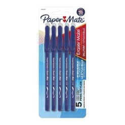 Paper Mate Eraser Mate Erasable Ballpoint Pen, Medium Point, Blue Ink, 5/Pack (3153558PP)