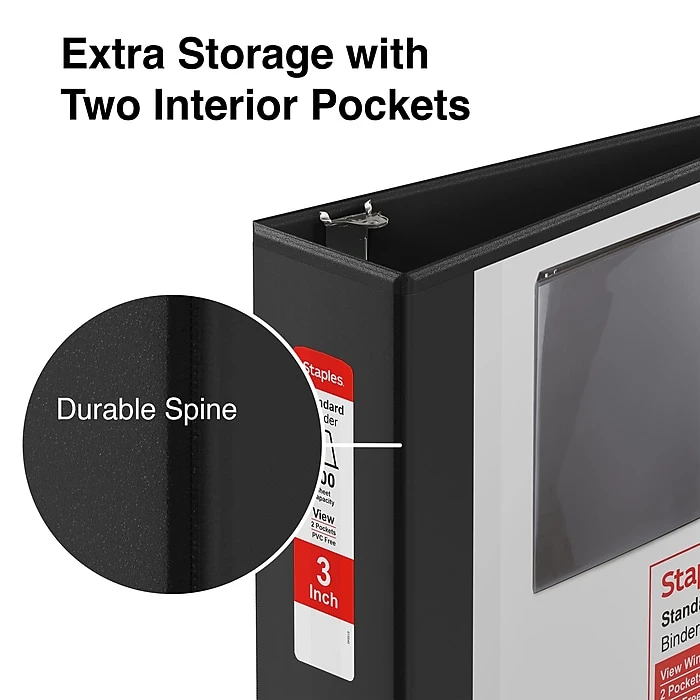 Staples Standard 3" 3-Ring View Binder, Black (26449-CC) 6 Staples Standard 3" 3-Ring View Binder, Black (26449-CC) - Image 4