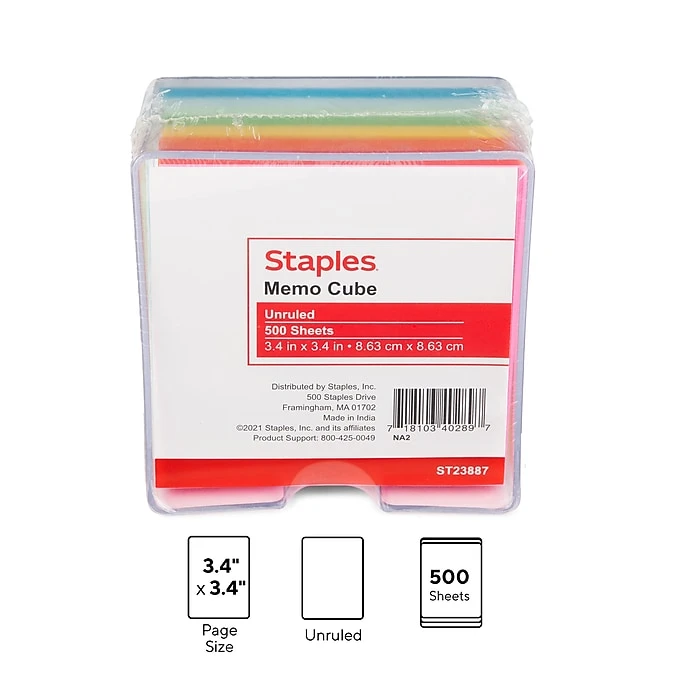 Staples Memo Cube Memo Pad, 3.4" X 3.4", Unruled, Assorted Colors, 500 Sheets/Pad (23887) 4 Staples Memo Cube Memo Pad, 3.4" X 3.4", Unruled, Assorted Colors, 500 Sheets/Pad (23887) - Image 2