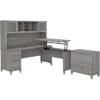 Bush Furniture Somerset 72"W 3-Position Sit To Stand L-Shaped Desk With Hutch And File Cabinet, Platinum Gray (SET016PG)