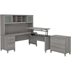 Bush Furniture Somerset 72"W 3-Position Sit To Stand L-Shaped Desk With Hutch And File Cabinet, Platinum Gray (SET016PG)