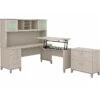 Bush Furniture Somerset Office Desk With 35"-41" Adjustable Return, Hutch, And File Cabinet, Sand Oak (SET016SO)