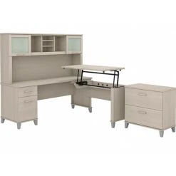 Bush Furniture Somerset Office Desk With 35"-41" Adjustable Return, Hutch, And File Cabinet, Sand Oak (SET016SO)