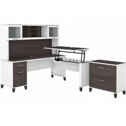 Bush Furniture Somerset Office Desk With 35"-41" Adjustable Return, Hutch, And File Cabinet, Storm Gray/White (SET016SGWH)