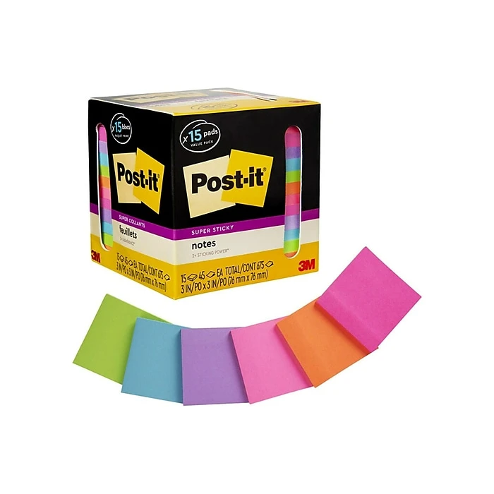 Post-it® Super Sticky Notes Cabinet Pack , 3" X 3", Assorted Colors, 45 Sheets/Pad, 15 Pads/Pack (654-15SSCP) 3 Post-it® Super Sticky Notes Cabinet Pack , 3" X 3", Assorted Colors, 45 Sheets/Pad, 15 Pads/Pack (654-15SSCP)