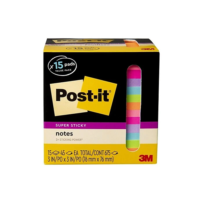 Post-it® Super Sticky Notes Cabinet Pack , 3" X 3", Assorted Colors, 45 Sheets/Pad, 15 Pads/Pack (654-15SSCP) 4 Post-it® Super Sticky Notes Cabinet Pack , 3" X 3", Assorted Colors, 45 Sheets/Pad, 15 Pads/Pack (654-15SSCP) - Image 2