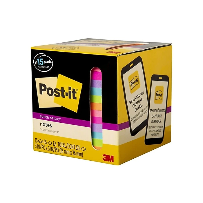 Post-it® Super Sticky Notes Cabinet Pack , 3" X 3", Assorted Colors, 45 Sheets/Pad, 15 Pads/Pack (654-15SSCP) 8 Post-it® Super Sticky Notes Cabinet Pack , 3" X 3", Assorted Colors, 45 Sheets/Pad, 15 Pads/Pack (654-15SSCP) - Image 6