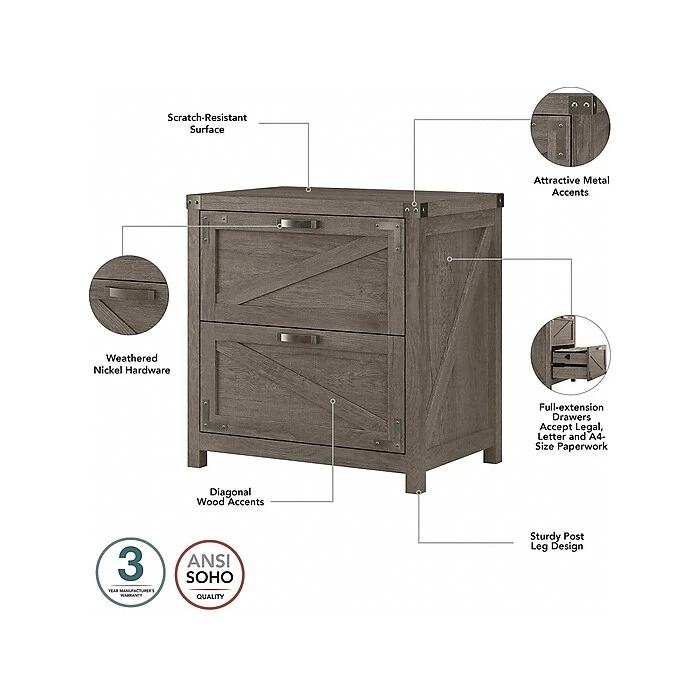 Kathy Ireland® Home By Bush Furniture 2-Drawer Lateral File Cabinet, Letter/Legal, Restored Gray, 29" (CGF129RTG-03) 5 Kathy Ireland® Home By Bush Furniture 2-Drawer Lateral File Cabinet, Letter/Legal, Restored Gray, 29" (CGF129RTG-03) - Image 3