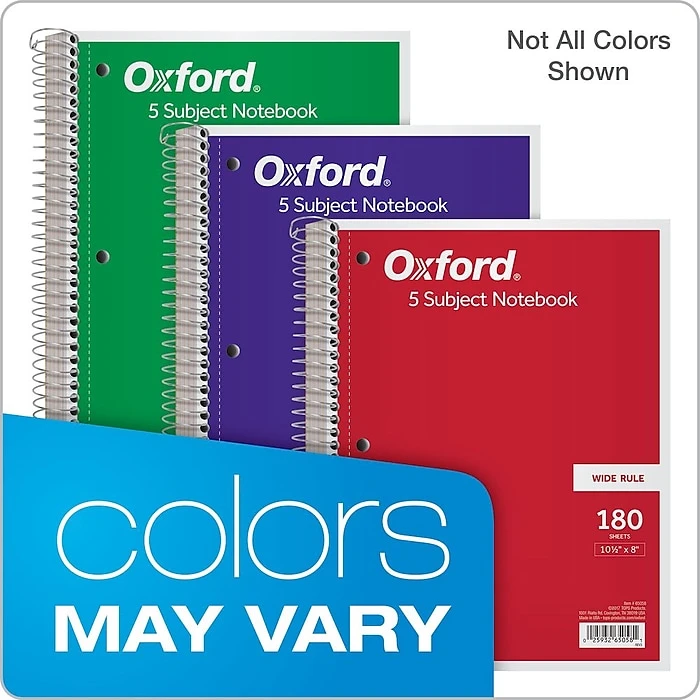 Oxford 5-Subject Notebook, 8" X 10 1/2", Wide Ruled, 180 Sheets, Assorted Colors (65058) 10 Oxford 5-Subject Notebook, 8" X 10 1/2", Wide Ruled, 180 Sheets, Assorted Colors (65058) - Image 8