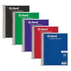 Oxford 5-Subject Notebook, 8" X 10 1/2", Wide Ruled, 180 Sheets, Assorted Colors (65058)