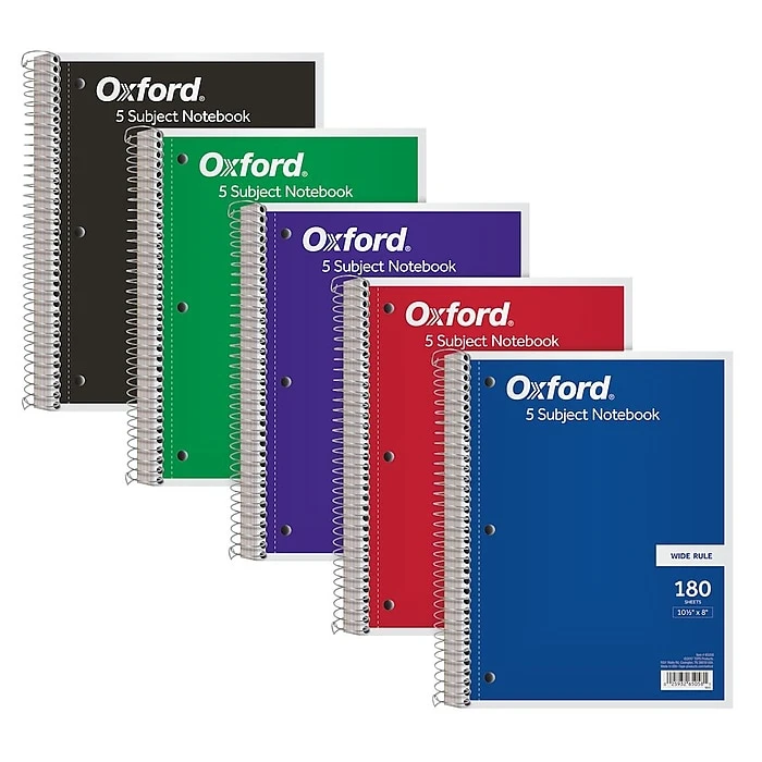 Oxford 5-Subject Notebook, 8" X 10 1/2", Wide Ruled, 180 Sheets, Assorted Colors (65058) 3 Oxford 5-Subject Notebook, 8" X 10 1/2", Wide Ruled, 180 Sheets, Assorted Colors (65058)