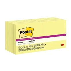 Post-it® Super Sticky Notes, 3" X 3", Canary Yellow, 90 Sheets/Pad, 10 Pads/Pack (654-10SSCY)