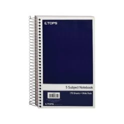 TOPS Oxford 5-Subject Notebook, 6" X 9.5", Wide Ruled, 175 Sheets, Navy (TOP 63859)