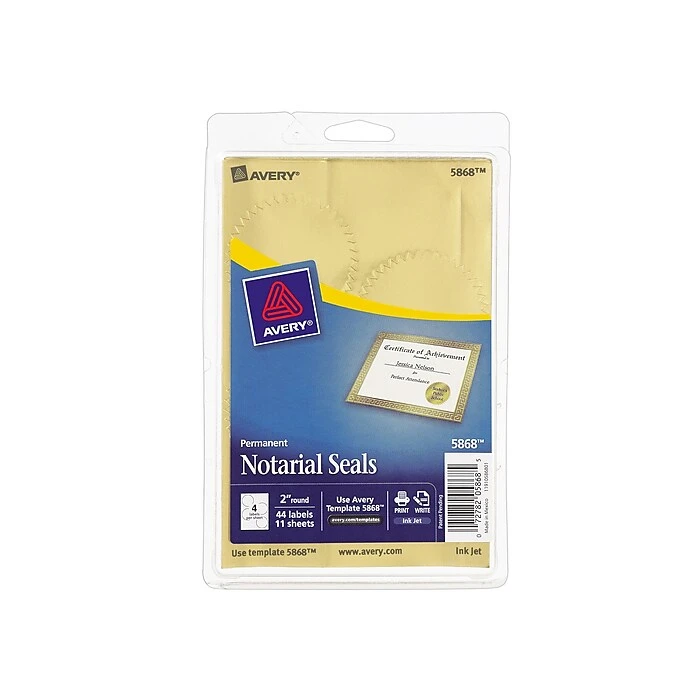 Avery Notarial Seals Inkjet Specialty Labels, 2" Dia., Metallic Gold, 44 Labels Per Pack (5868) 3 Avery Notarial Seals Inkjet Specialty Labels, 2" Dia., Metallic Gold, 44 Labels Per Pack (5868)