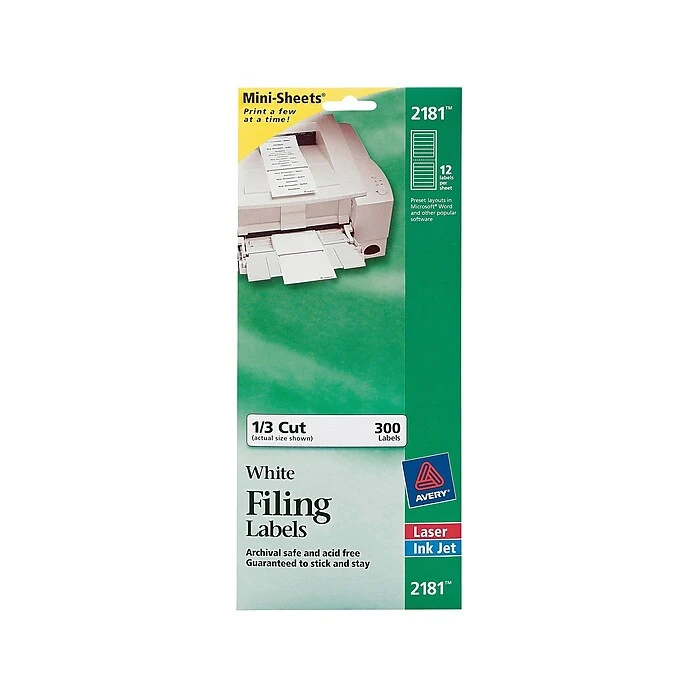 Avery Mini Laser/Inkjet File Folder Labels, 2/3" X 3-7/16", White, 12 Labels/Sheet, 25 Sheets/Pack, 300 Labels/Pack (2181) 3 Avery Mini Laser/Inkjet File Folder Labels, 2/3" X 3-7/16", White, 12 Labels/Sheet, 25 Sheets/Pack, 300 Labels/Pack (2181)