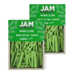 JAM Paper® Wood Clip Clothespins, Medium 1 1/8 Inch, Green Clothes Pins, 2 Packs Of 50 (230729147A)
