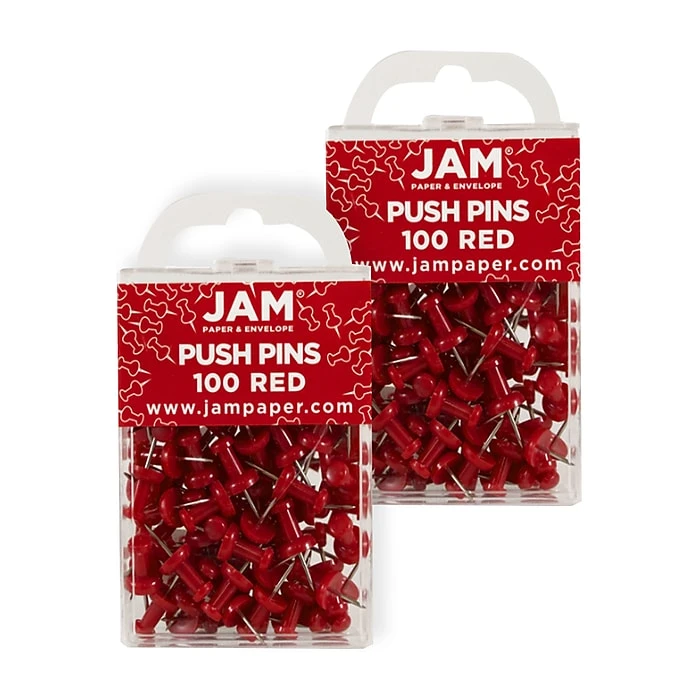 JAM Paper Pushpins, Red, 2 Packs Of 100 (2242955A) 3 JAM Paper Pushpins, Red, 2 Packs Of 100 (2242955A)