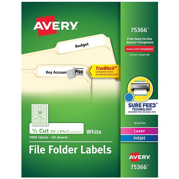 Avery Laser/Inkjet File Folder Labels, 2/3" X 3 7/16", White, 30/Sheet, 60 Sheets/Pack (75366) 3 Avery Laser/Inkjet File Folder Labels, 2/3" X 3 7/16", White, 30/Sheet, 60 Sheets/Pack (75366)