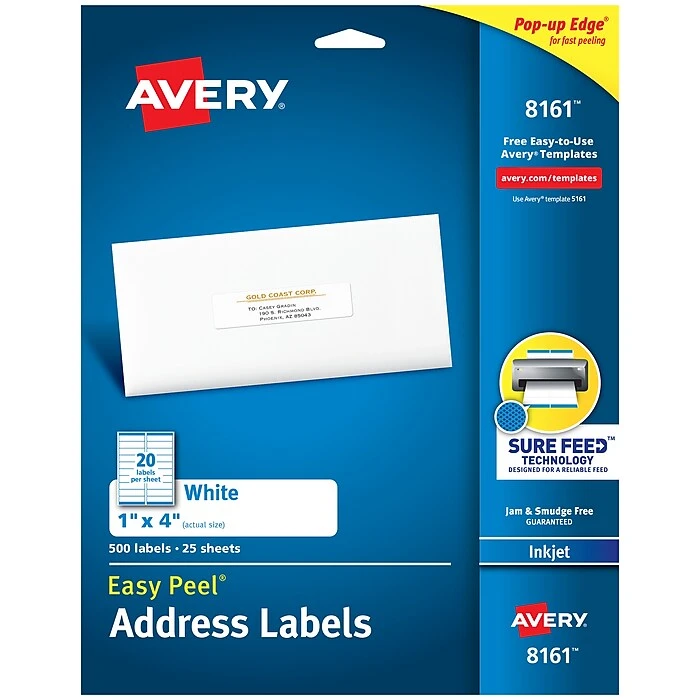Avery Easy Peel Inkjet Address Labels, 1" X 4", White, 20 Labels/Sheet, 100 Sheets/Box, 2000 Labels/Box (8461) 13 Avery Easy Peel Inkjet Address Labels, 1" X 4", White, 20 Labels/Sheet, 100 Sheets/Box, 2000 Labels/Box (8461) - Image 11