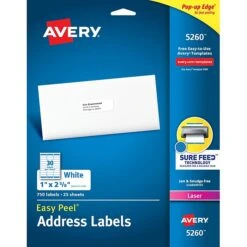 Avery Easy Peel Laser Address Labels, 1" X 2-5/8", White, 30 Labels/Sheet, 25 Sheets/Pack, 750 Labels/Pack (5260)