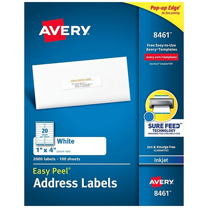 Avery Easy Peel Inkjet Address Labels, 1" X 4", White, 20 Labels/Sheet, 100 Sheets/Box, 2000 Labels/Box (8461) 3 Avery Easy Peel Inkjet Address Labels, 1" X 4", White, 20 Labels/Sheet, 100 Sheets/Box, 2000 Labels/Box (8461)