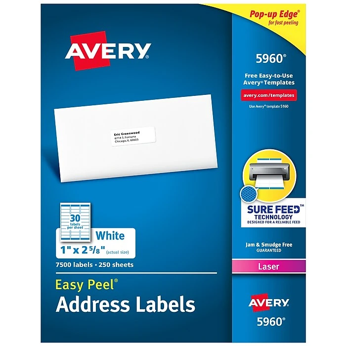 Avery Easy Peel Laser Address Labels, 1" X 2-5/8", White, 30 Labels/Sheet, 25 Sheets/Pack, 750 Labels/Pack (5260) 14 Avery Easy Peel Laser Address Labels, 1" X 2-5/8", White, 30 Labels/Sheet, 25 Sheets/Pack, 750 Labels/Pack (5260) - Image 12