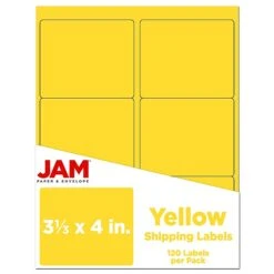 JAM Paper Laser/Inkjet Address Label, 4" X 3 3/8", Yellow, 6 Labels/Sheet, 12 Sheets/Pack (302725803)
