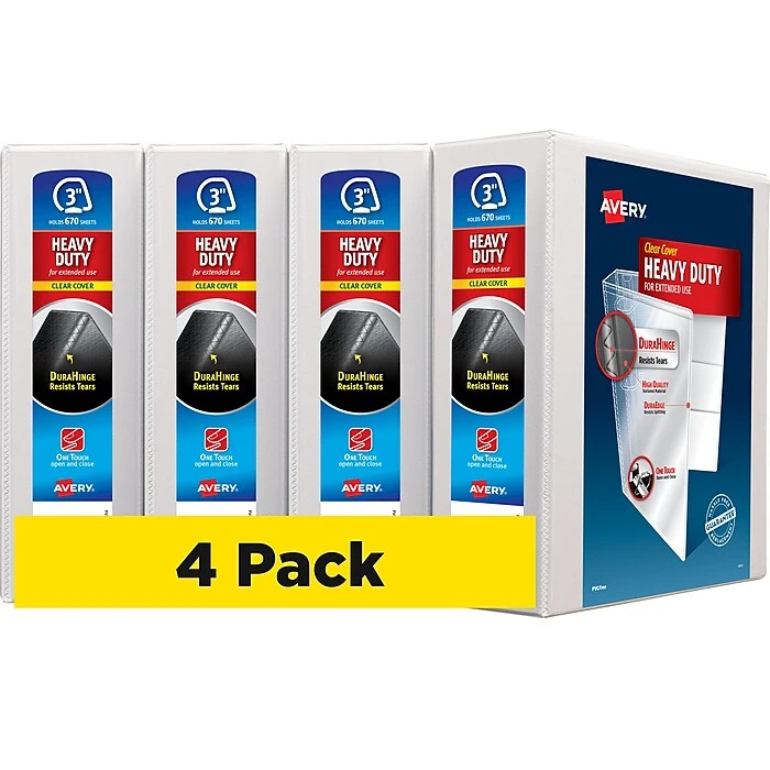 Avery Heavy Duty 3" 3-Ring View Binder, White, 4/Pack (79193CT) 4 Avery Heavy Duty 3" 3-Ring View Binder, White, 4/Pack (79193CT) - Image 2